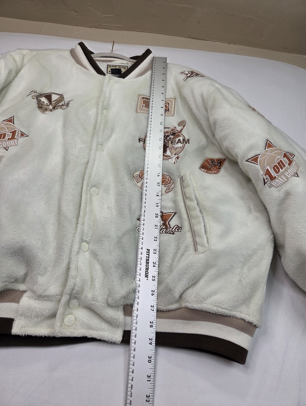 Raw Blue Classics Varsity Jacket 2XL Faux Fur Sherpa Bomber Y2K Basketball Patch - Picture 8 of 13